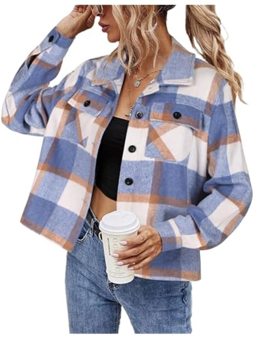 Womens Plaid Flannel Shacket Cropped Shirt Jacket Button Front Long Sleeve Coat